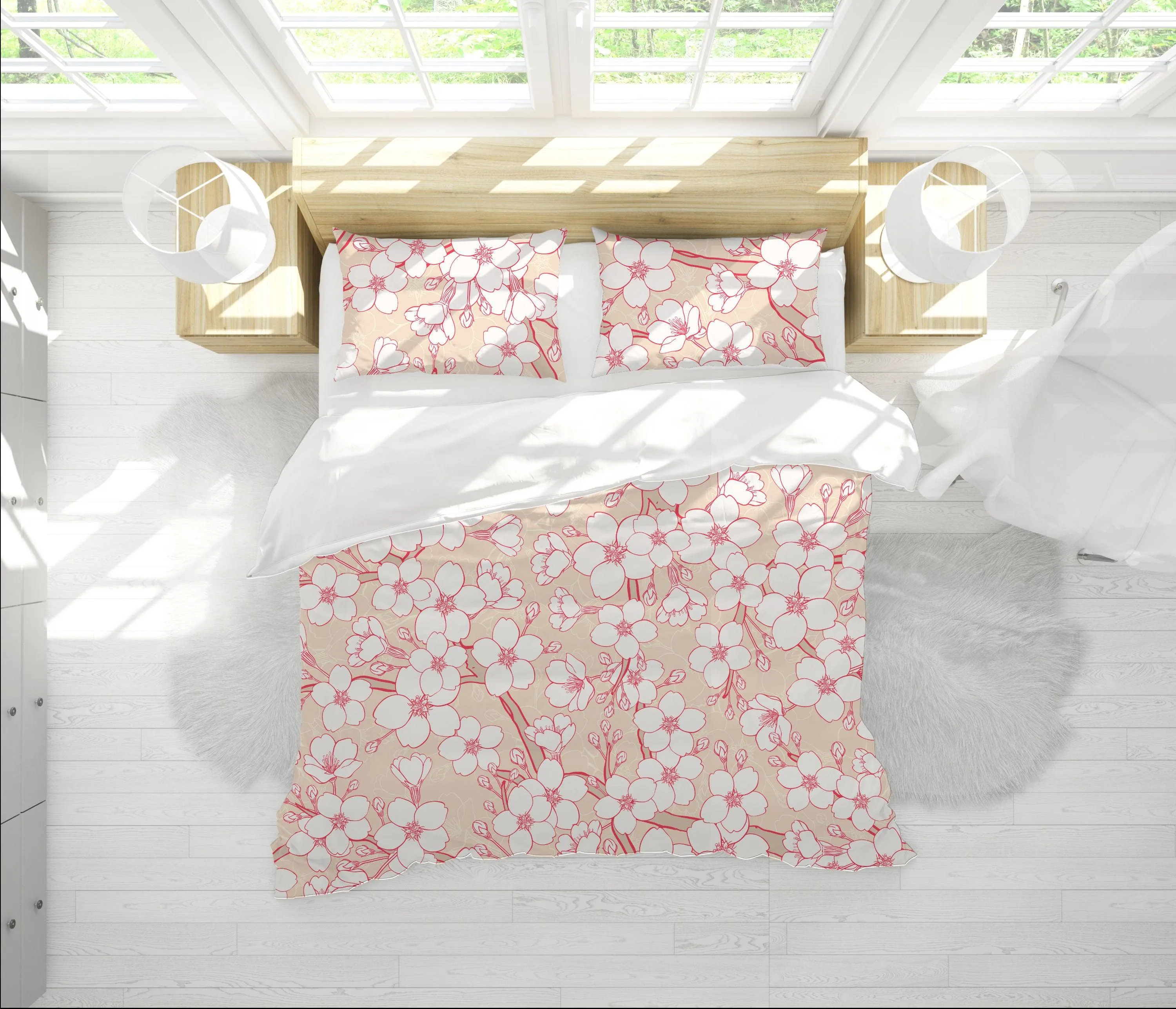 Cream Beige Bedding Set with Floral Prints | Cherry Blossoms Duvet Cover Set with Pillows