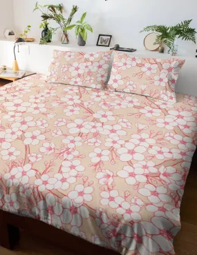 Cream Beige Bedding Set with Floral Prints | Cherry Blossoms Duvet Cover Set with Pillows