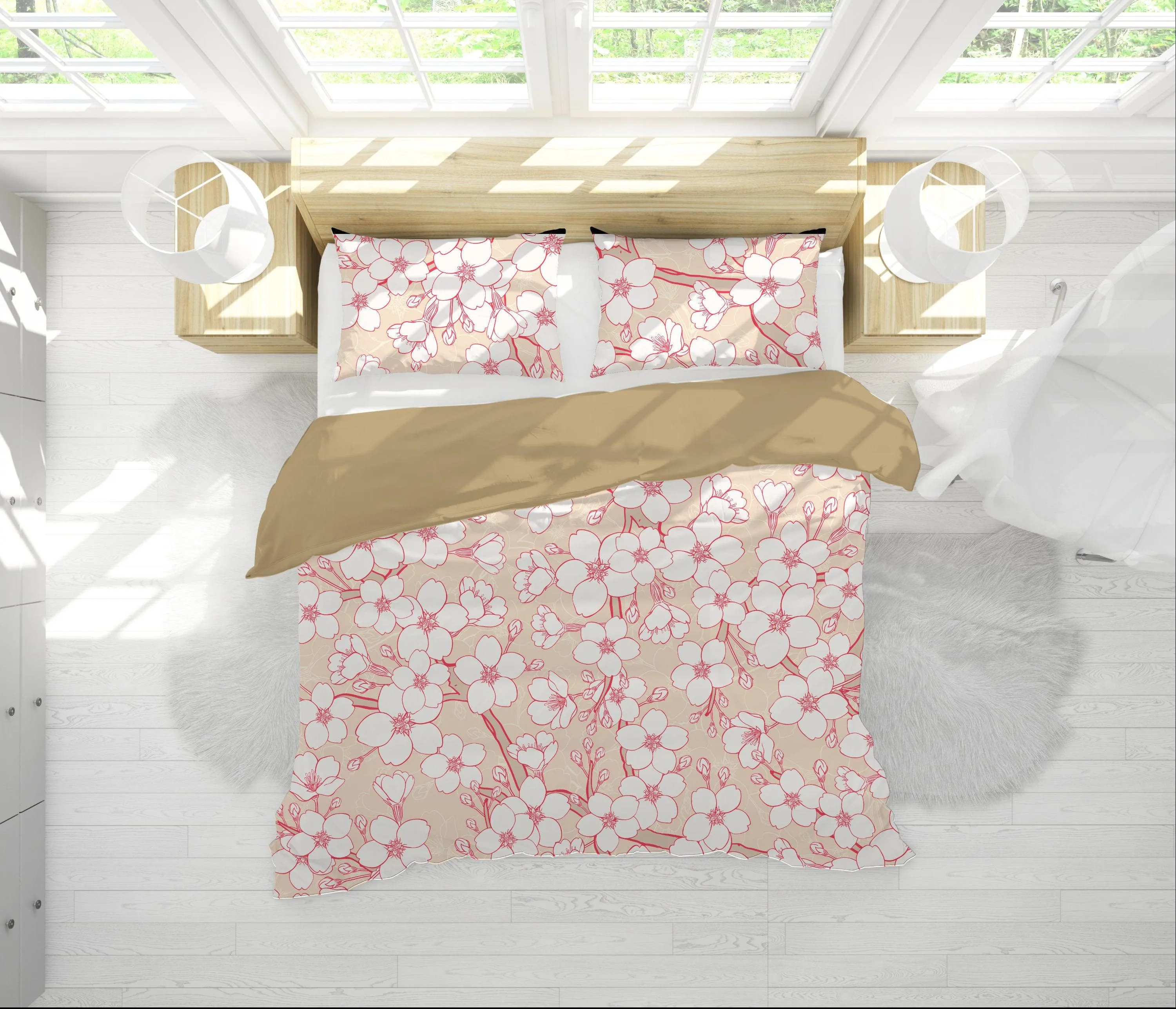 Cream Beige Bedding Set with Floral Prints | Cherry Blossoms Duvet Cover Set with Pillows