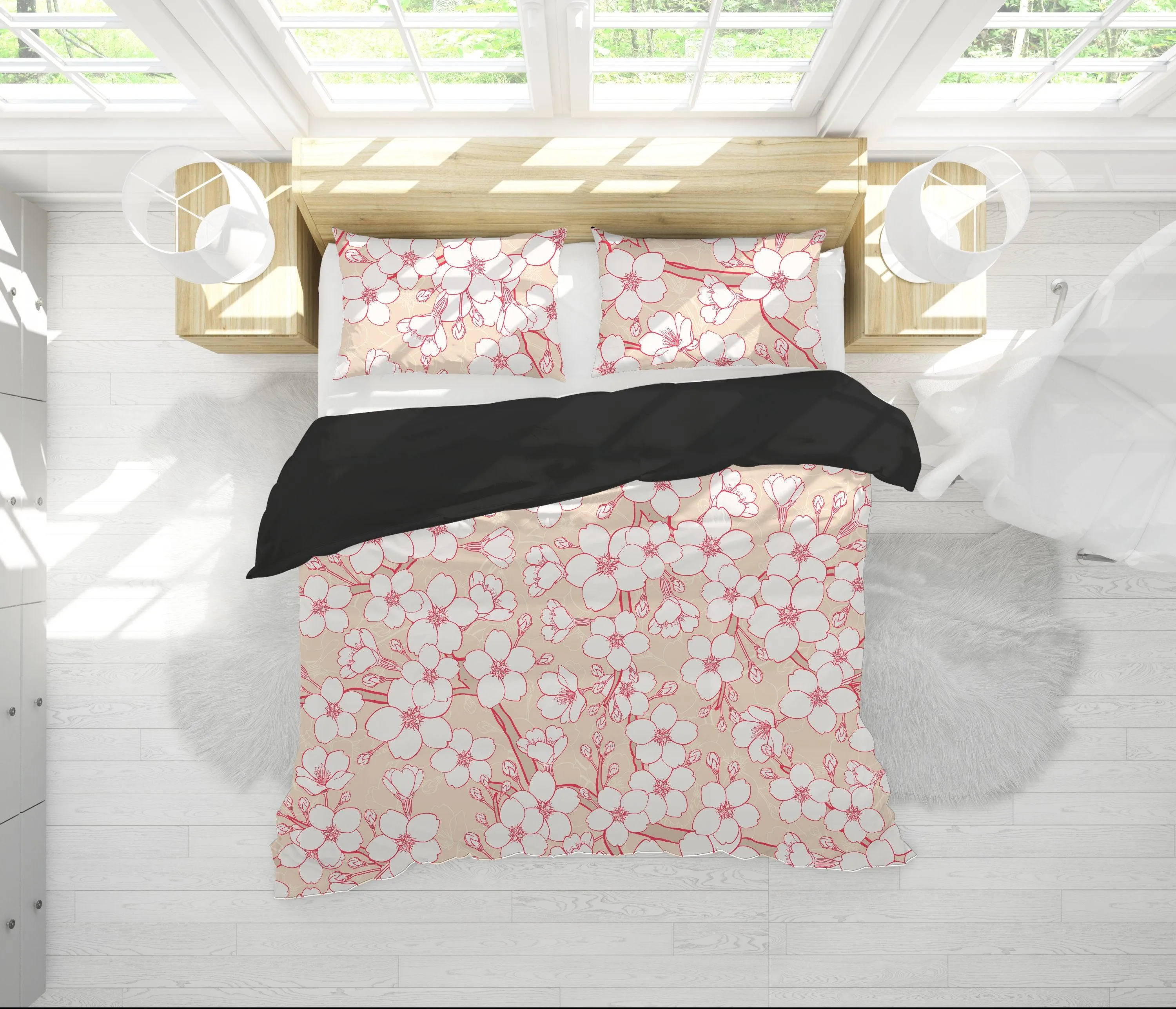 Cream Beige Bedding Set with Floral Prints | Cherry Blossoms Duvet Cover Set with Pillows