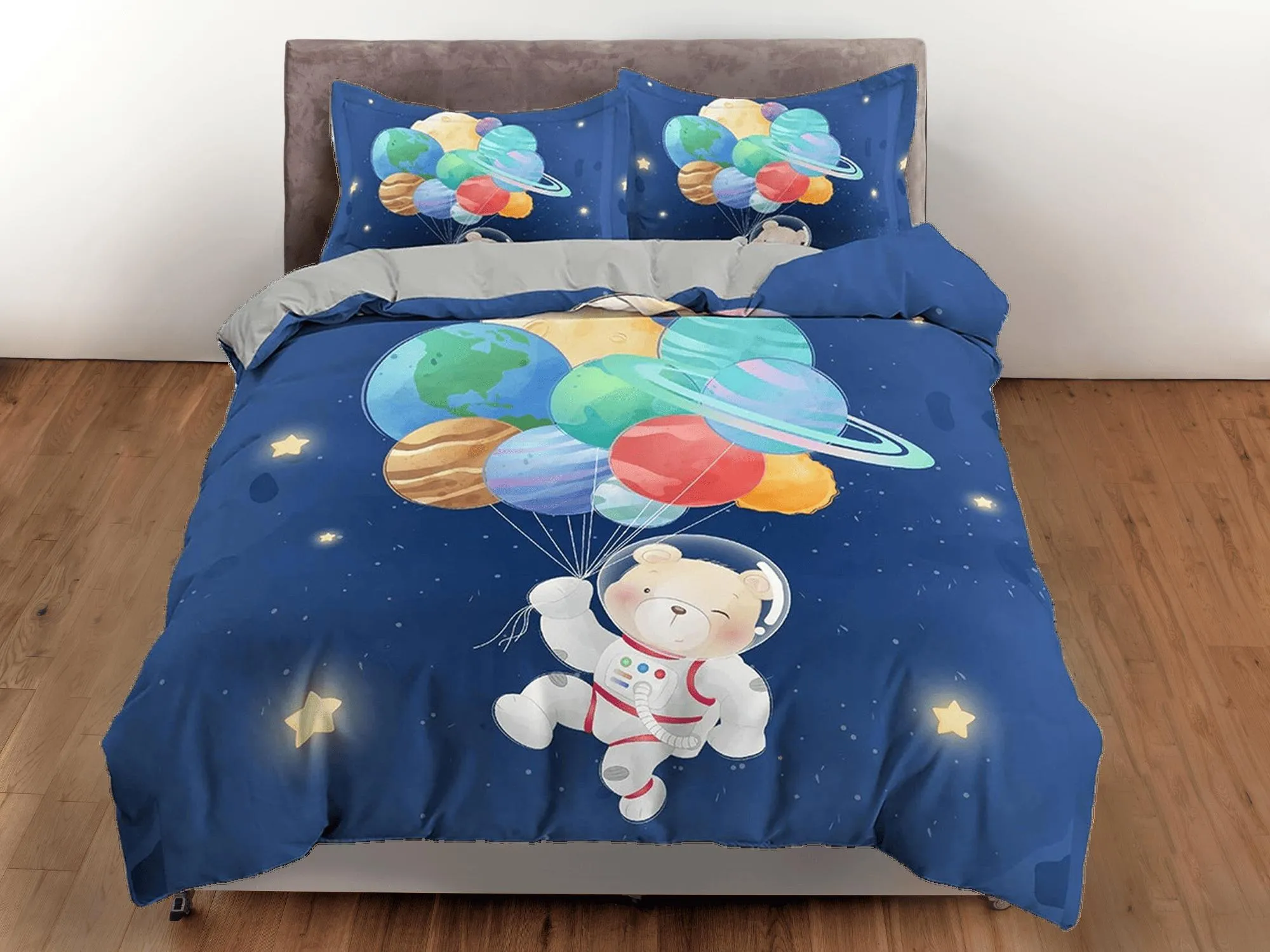 Cute bear astronaut with planets balloon, blue toddler bedding, duvet cover kids, crib bedding, baby zipper bedding, king queen full twin