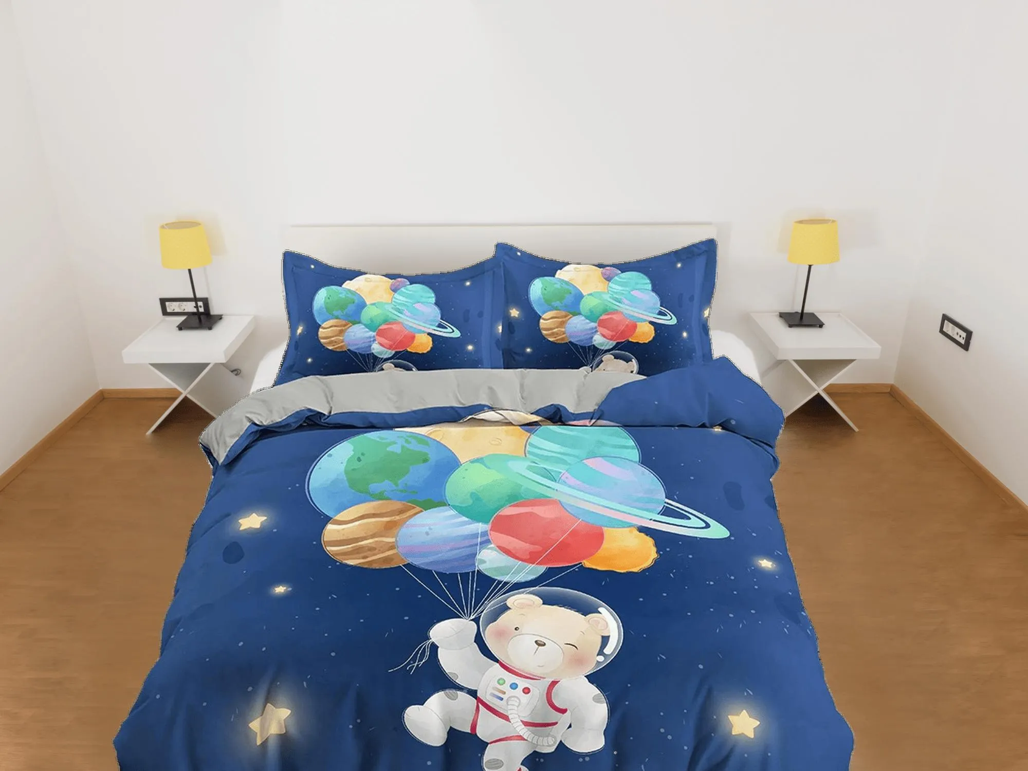 Cute bear astronaut with planets balloon, blue toddler bedding, duvet cover kids, crib bedding, baby zipper bedding, king queen full twin