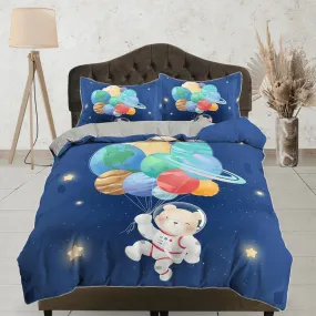 Cute bear astronaut with planets balloon, blue toddler bedding, duvet cover kids, crib bedding, baby zipper bedding, king queen full twin