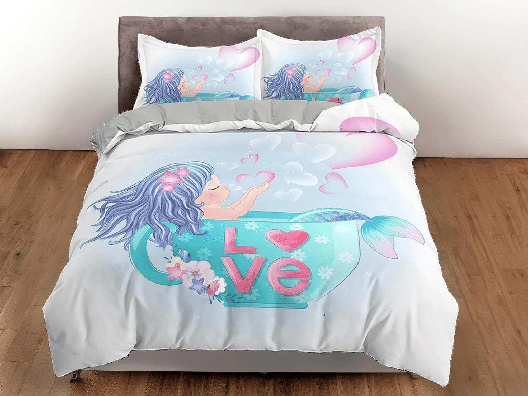 Cute little mermaid bathing, toddler bedding, duvet cover for nursery kids, crib bedding, baby zipper bedding, king queen full twin