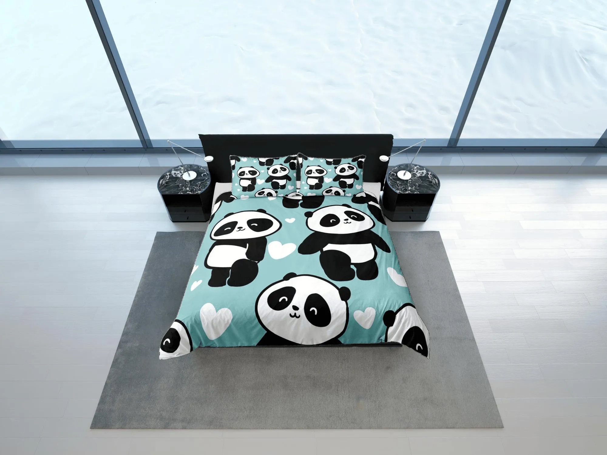 Cute Panda Duvet Cover Set Kids Bedroom, Green Bedding with Pillowcase