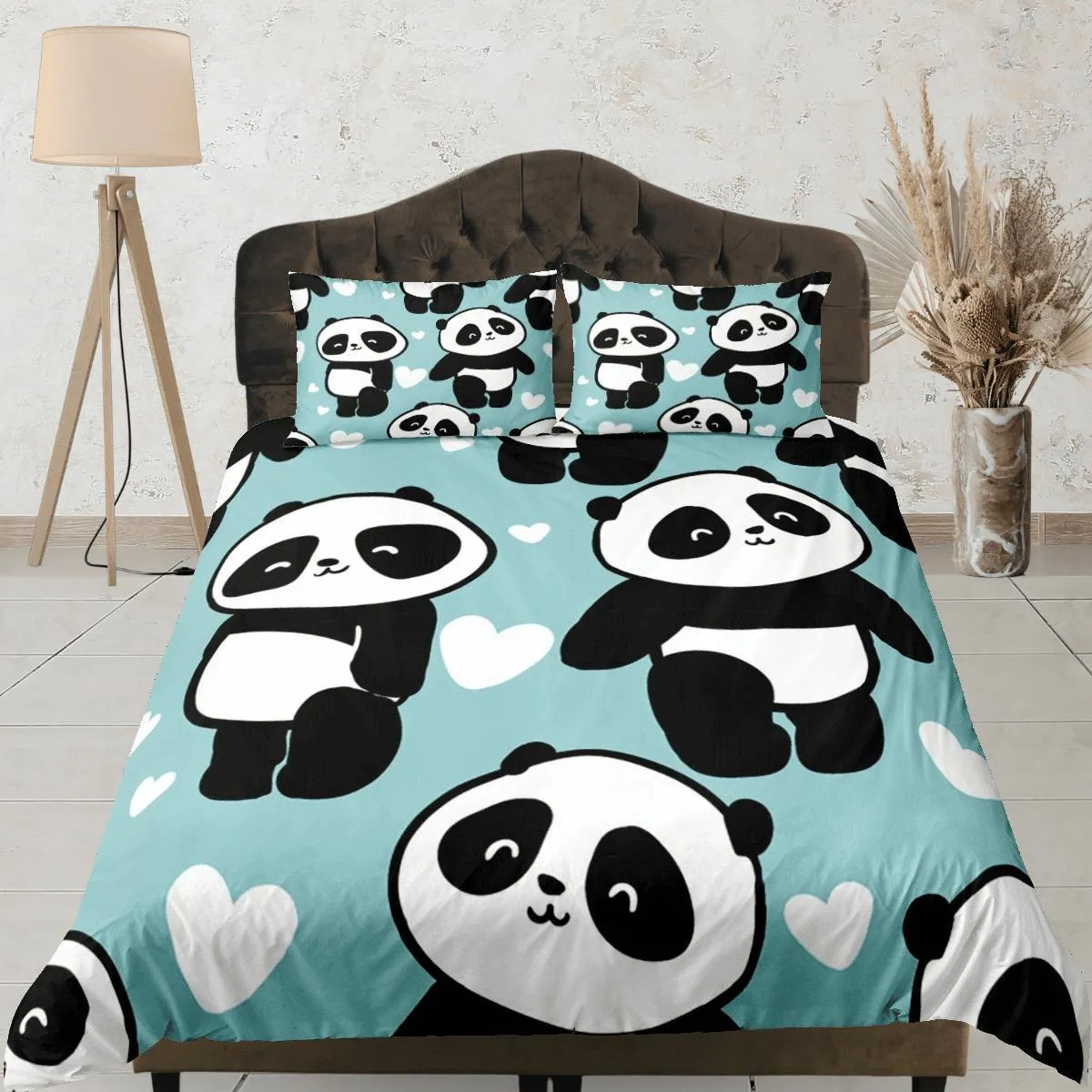 Cute Panda Duvet Cover Set Kids Bedroom, Green Bedding with Pillowcase