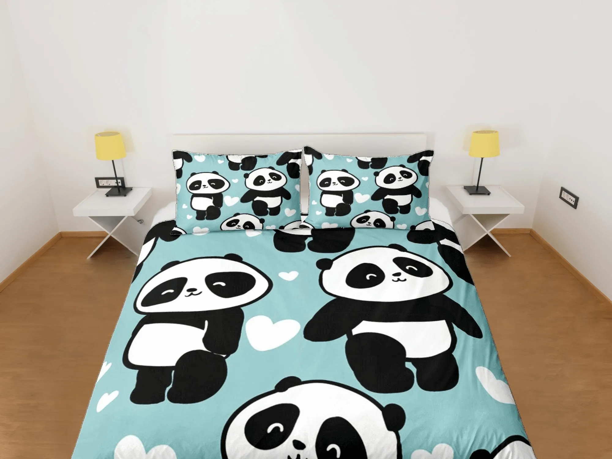 Cute Panda Duvet Cover Set Kids Bedroom, Green Bedding with Pillowcase