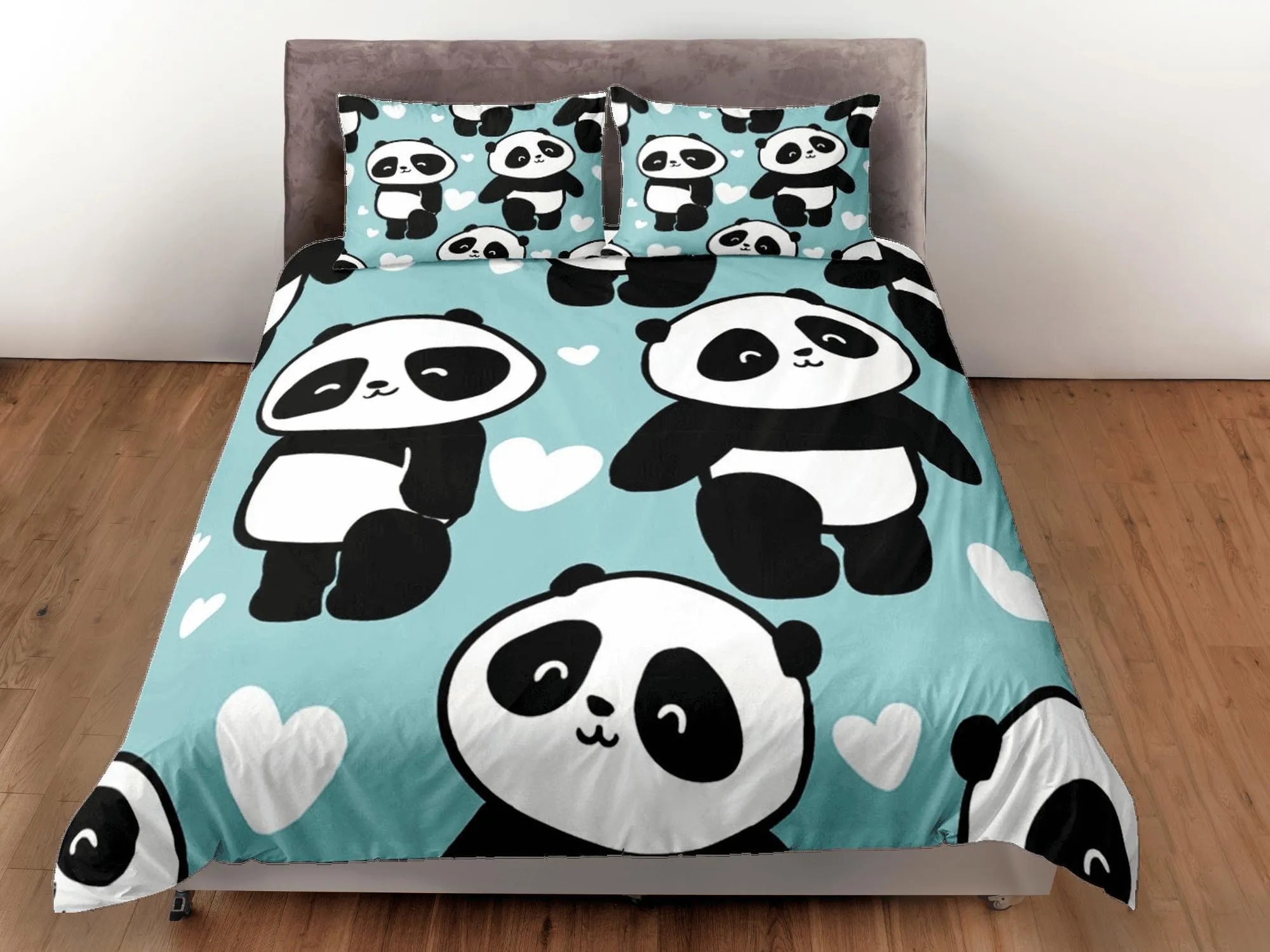 Cute Panda Duvet Cover Set Kids Bedroom, Green Bedding with Pillowcase