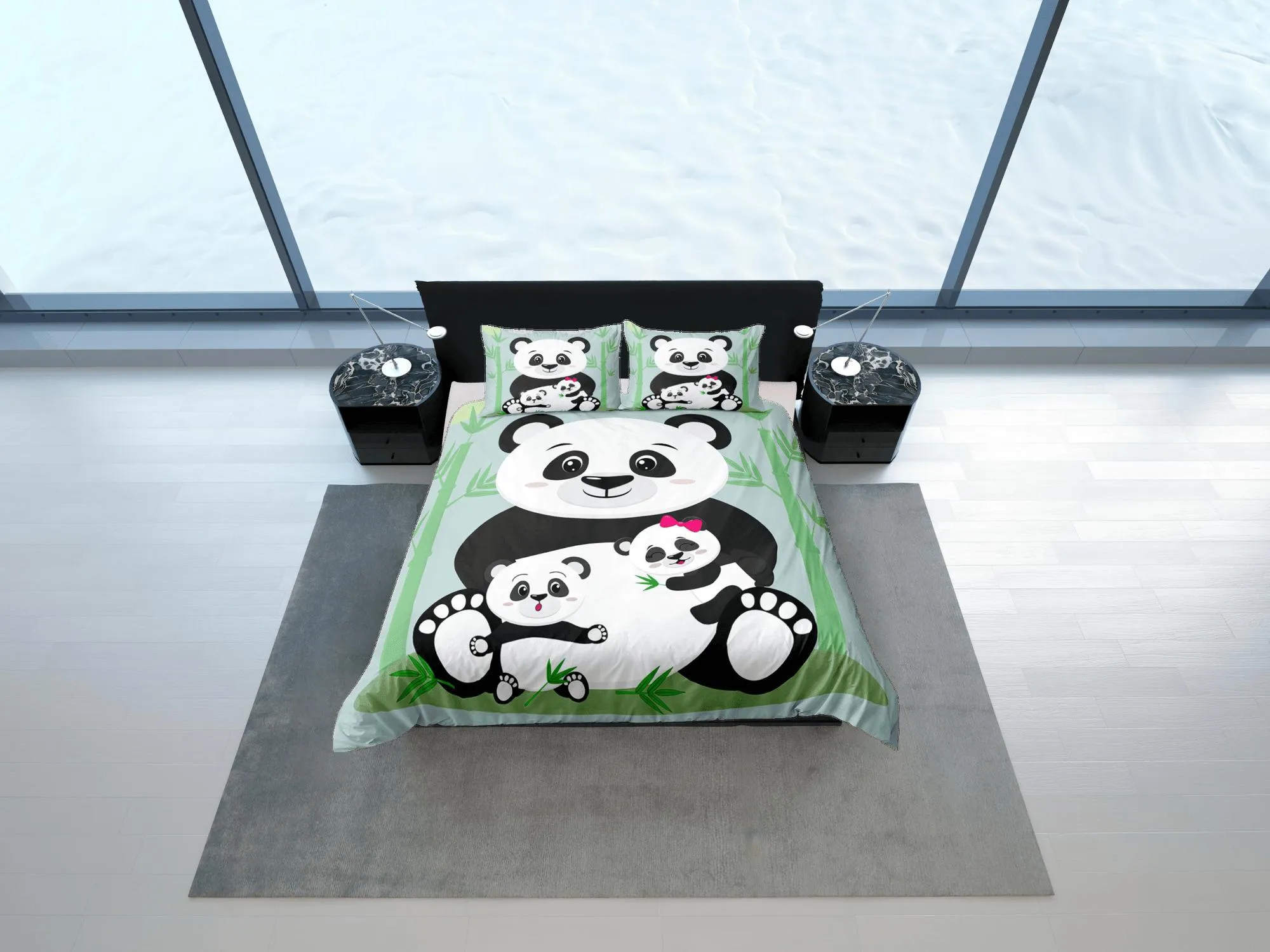 Cute Panda Family Green Duvet Cover Set Bedspread, Kids Bedding with Pillowcase