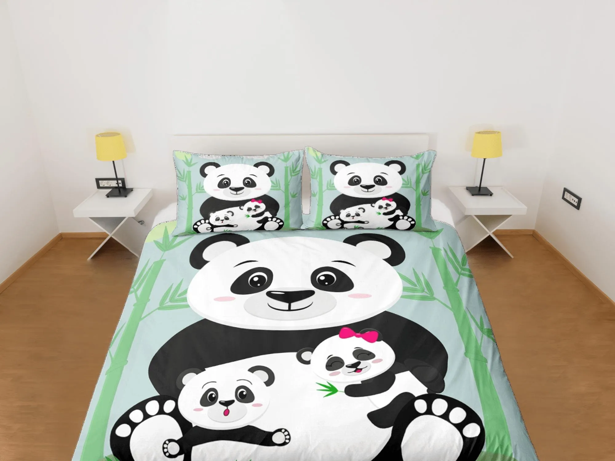 Cute Panda Family Green Duvet Cover Set Bedspread, Kids Bedding with Pillowcase