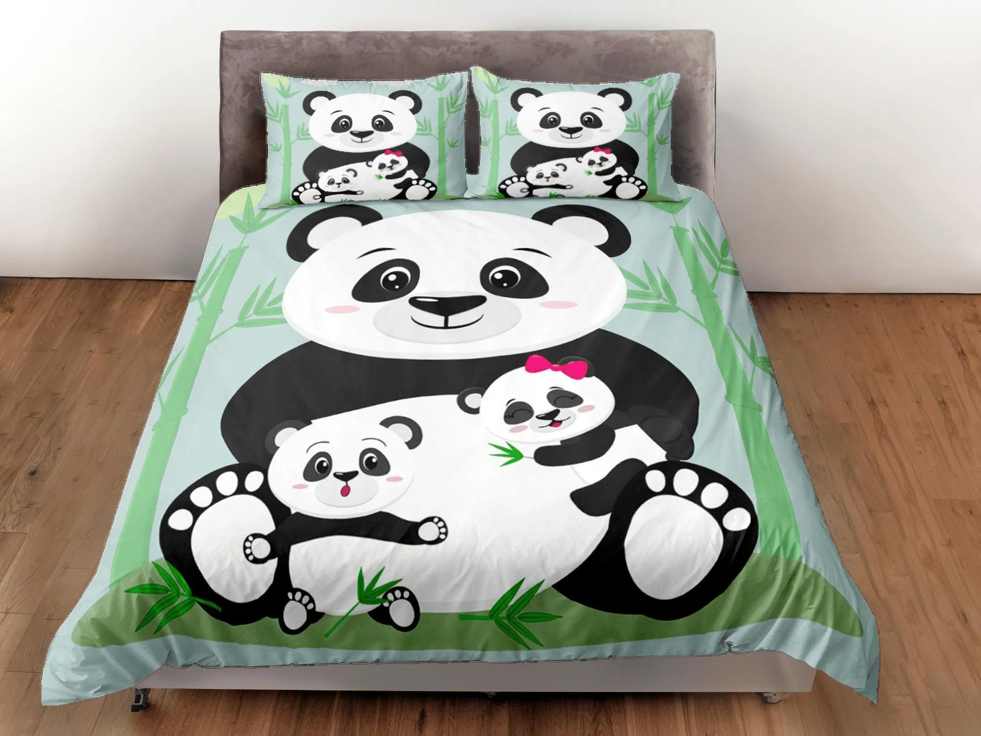 Cute Panda Family Green Duvet Cover Set Bedspread, Kids Bedding with Pillowcase