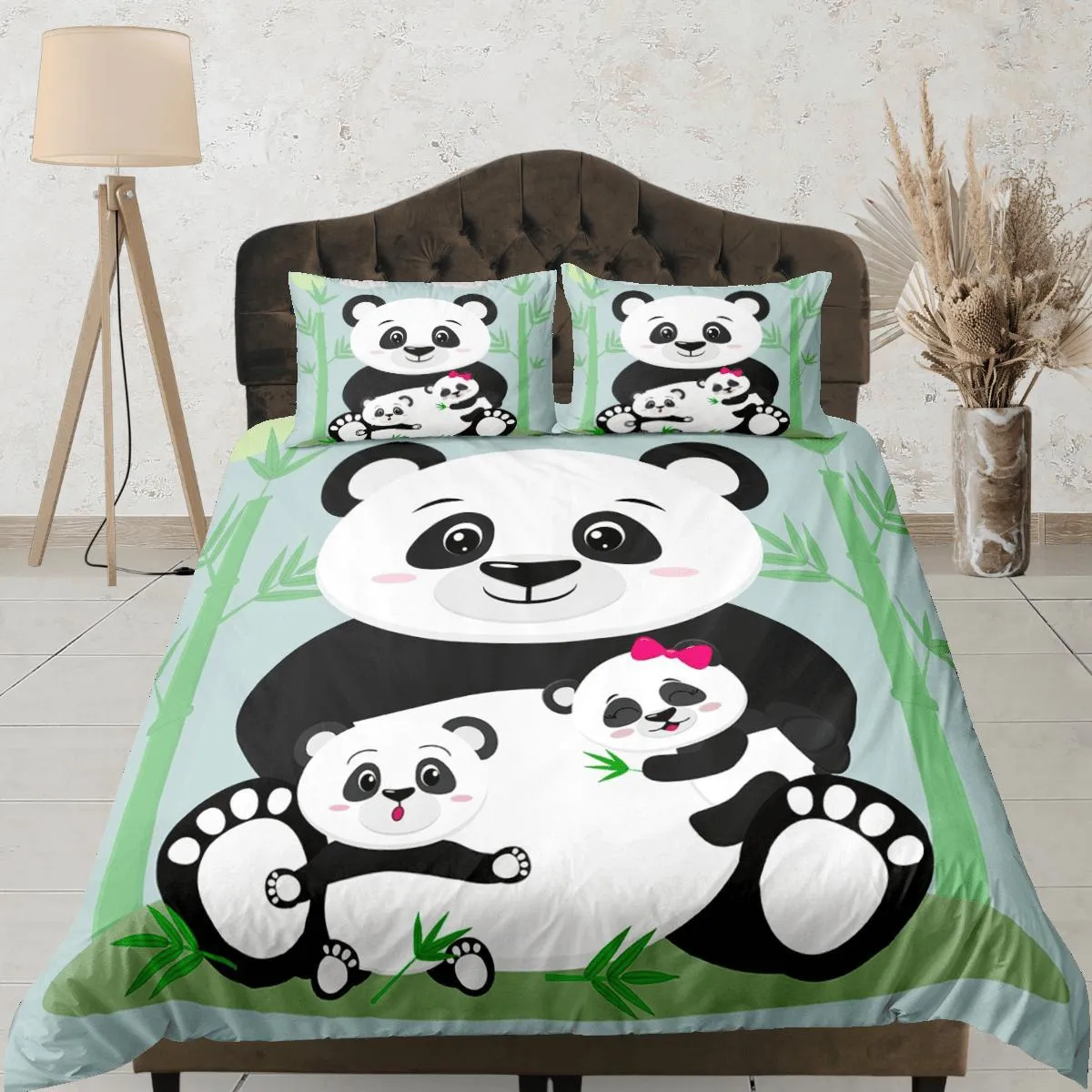 Cute Panda Family Green Duvet Cover Set Bedspread, Kids Bedding with Pillowcase