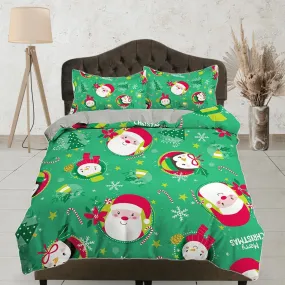 Cute santa claus green duvet cover set christmas full size bedding & pillowcase, college bedding, toddler bedding, holiday gift room decor