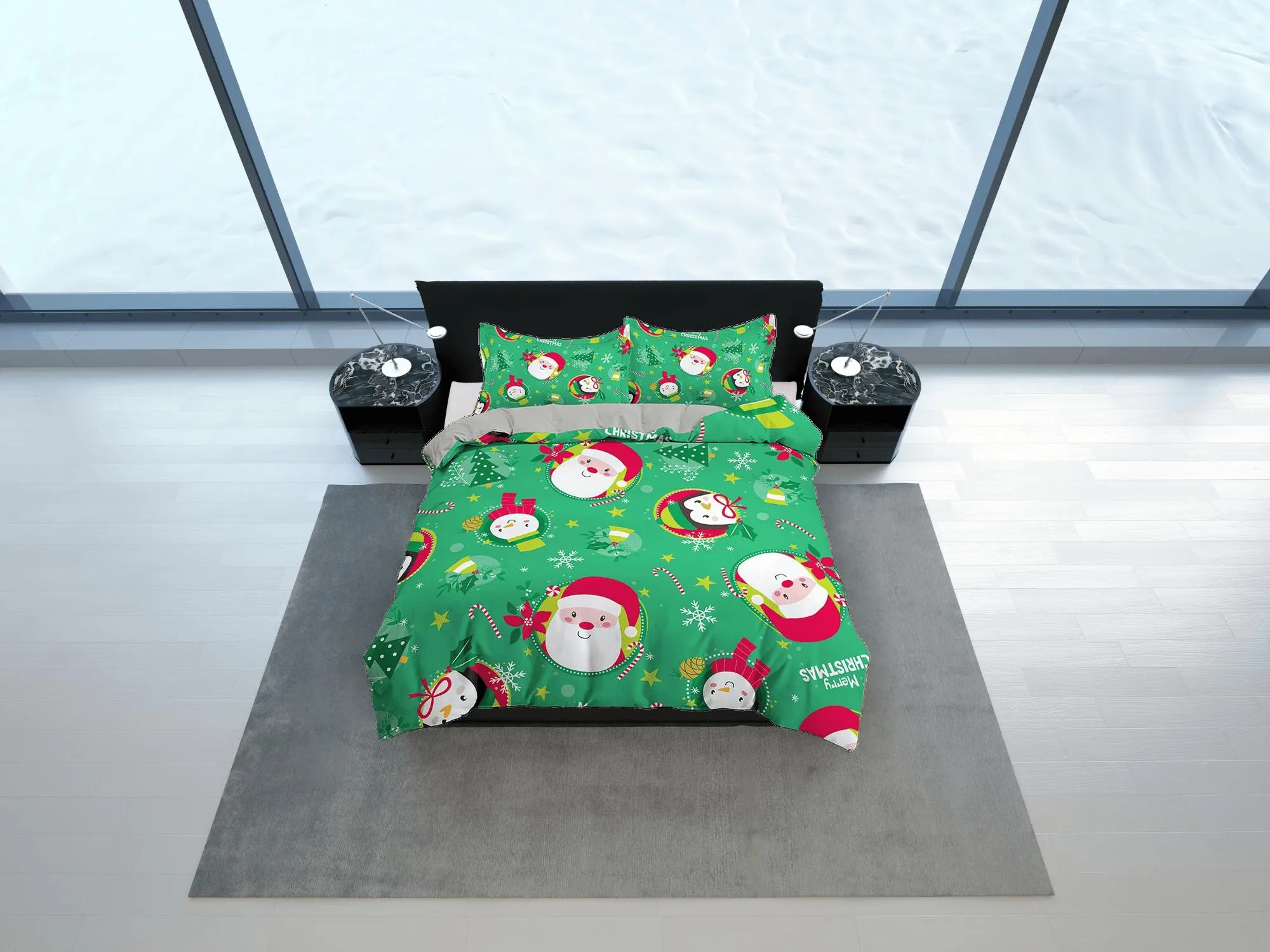 Cute santa claus green duvet cover set christmas full size bedding & pillowcase, college bedding, toddler bedding, holiday gift room decor