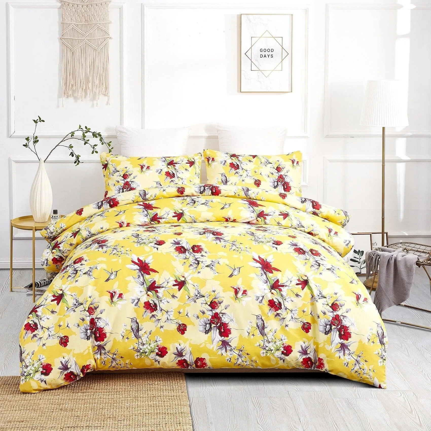 DaDa Bedding Sunshine Yellow Hummingbirds Floral Duvet Cover Set w/ Pillow Cases (JHW-925)