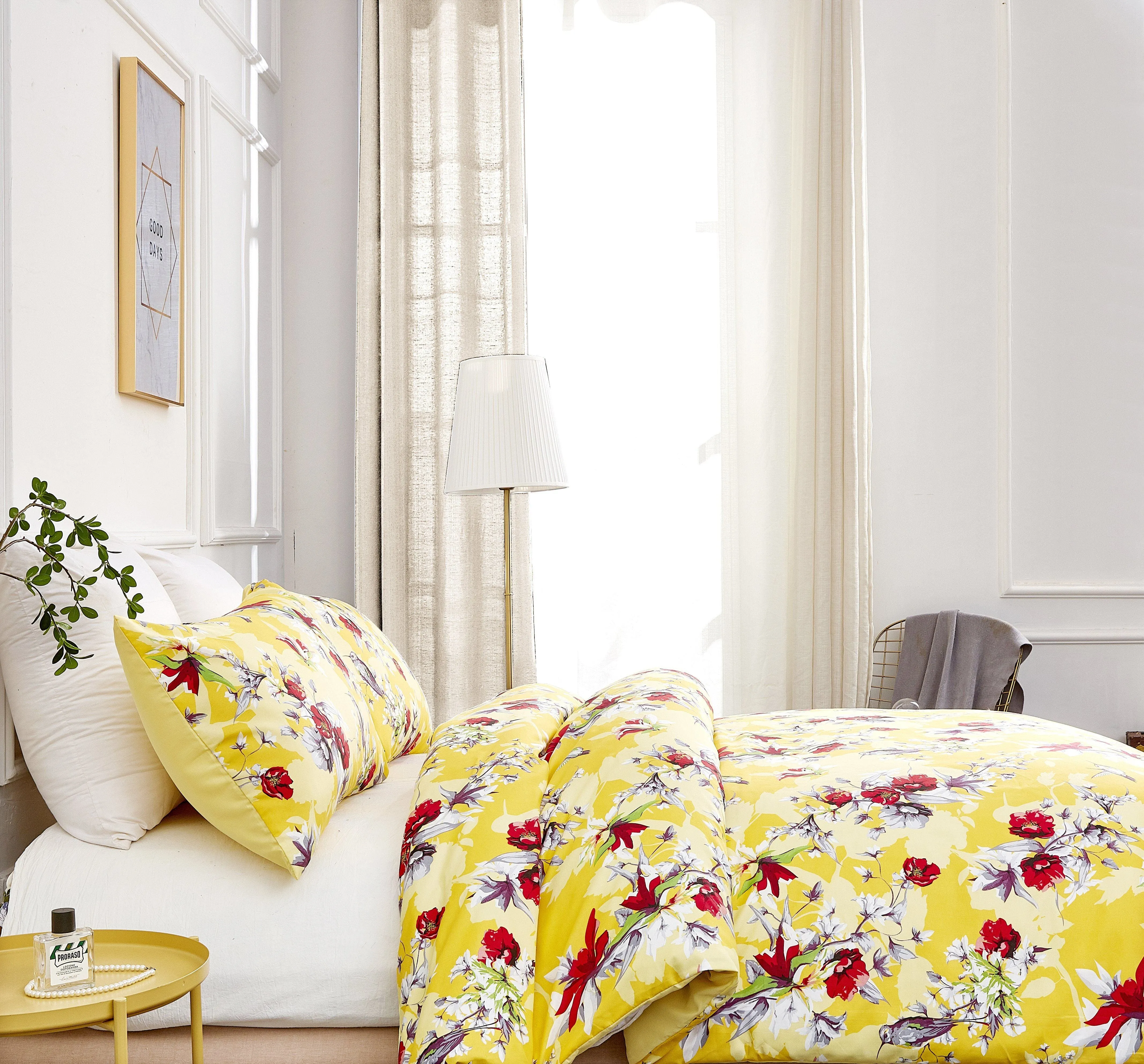 DaDa Bedding Sunshine Yellow Hummingbirds Floral Duvet Cover Set w/ Pillow Cases (JHW-925)