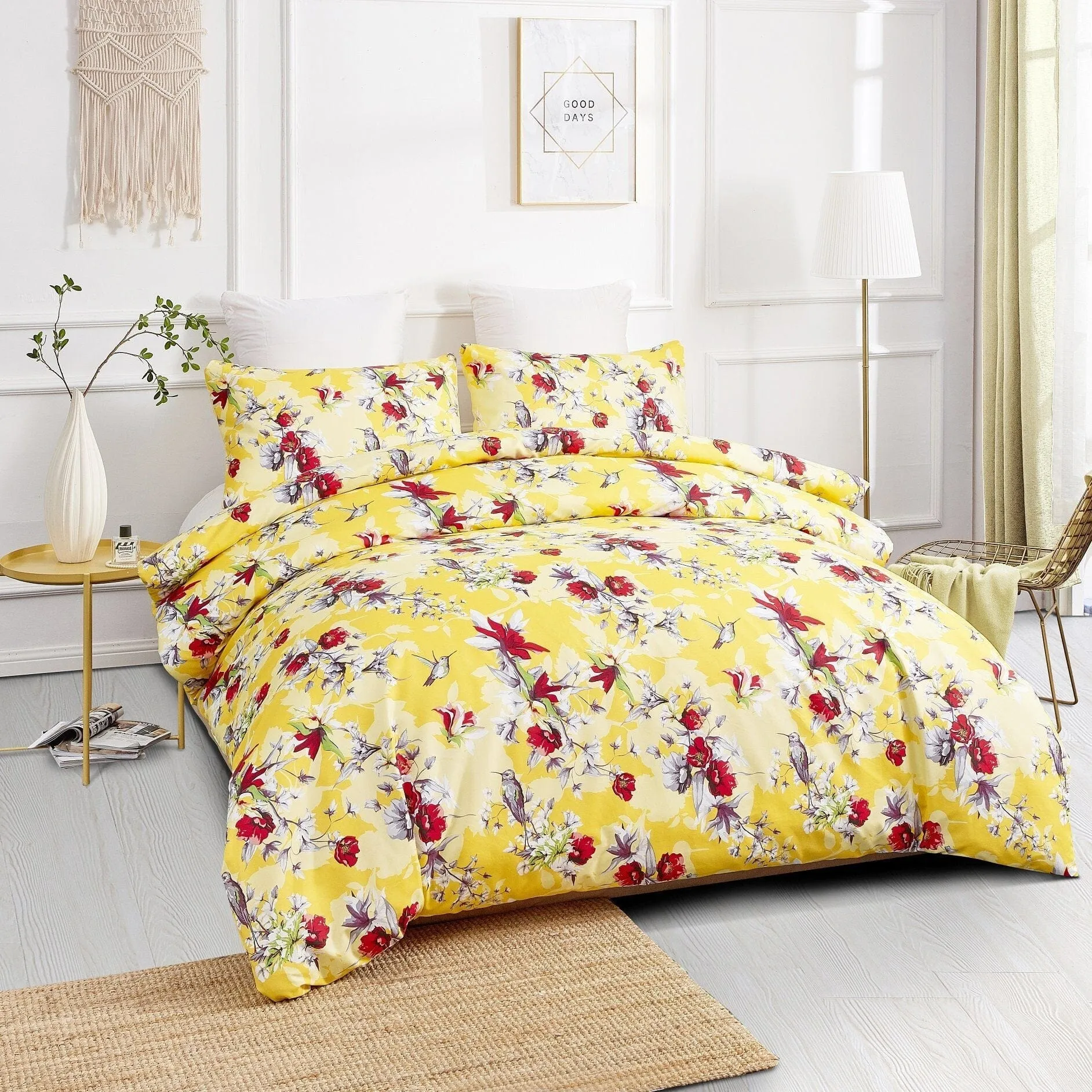 DaDa Bedding Sunshine Yellow Hummingbirds Floral Duvet Cover Set w/ Pillow Cases (JHW-925)