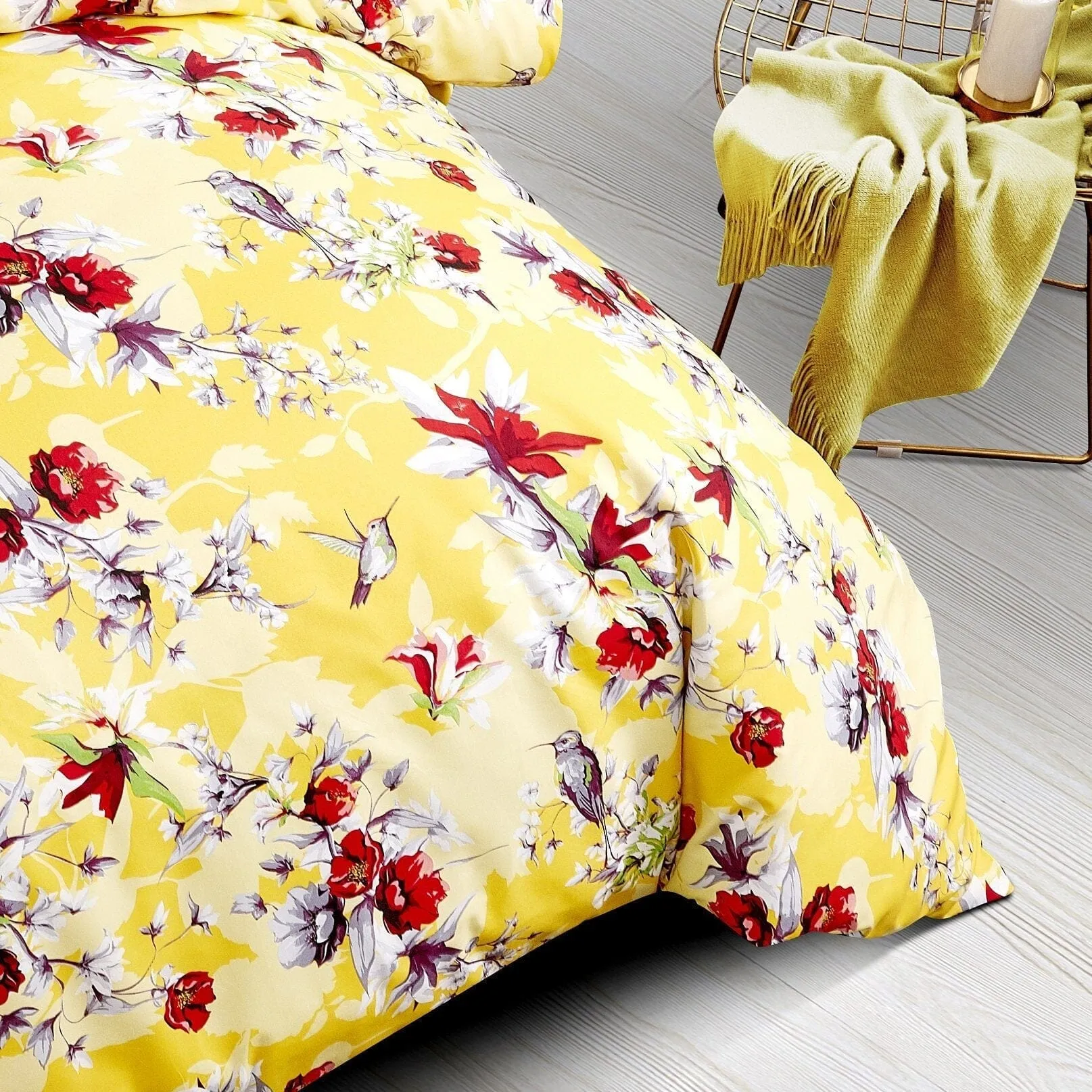 DaDa Bedding Sunshine Yellow Hummingbirds Floral Duvet Cover Set w/ Pillow Cases (JHW-925)