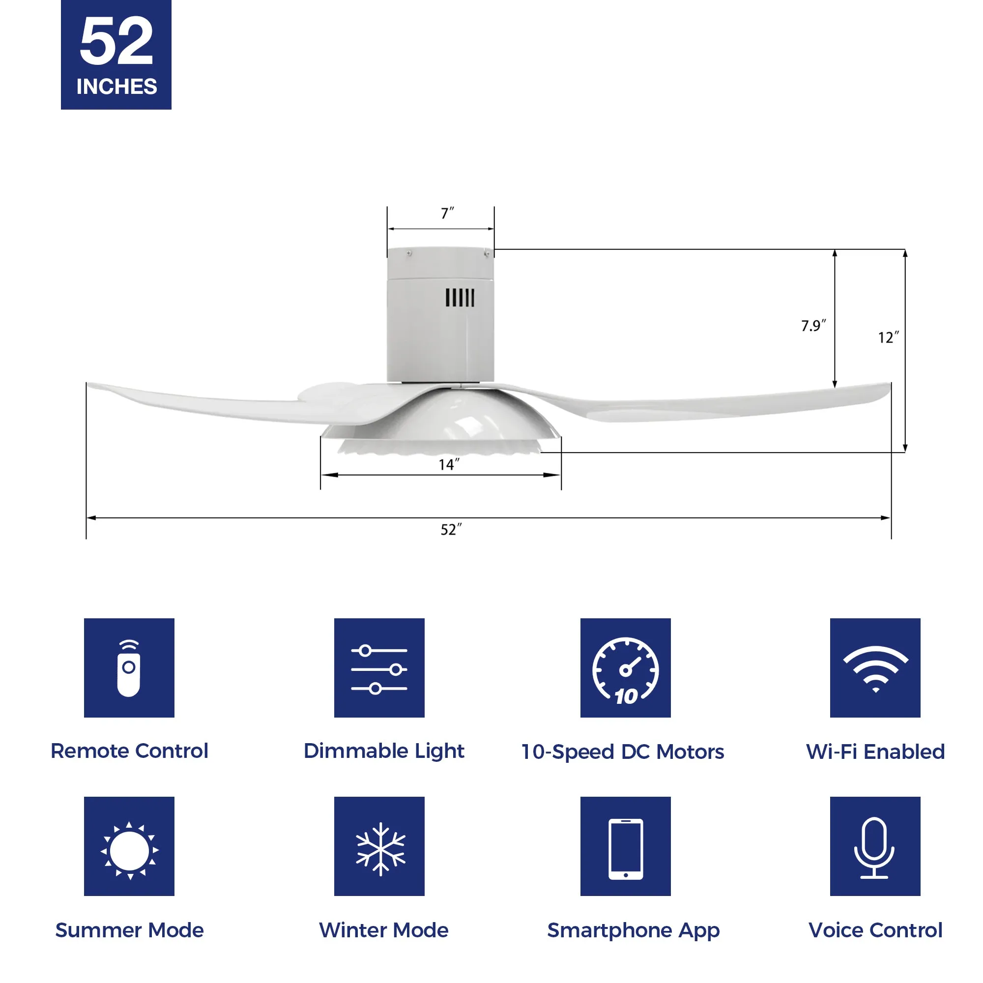 Daisy Low Profile Smart Ceiling Fan with LED Light and remote 52 inch