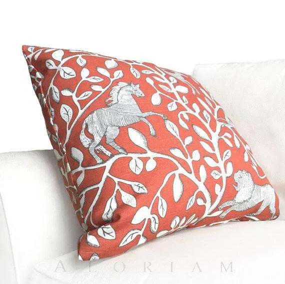 Dwell Studio Pantheon Folk Art Animals Forest Persimmon Orange Ivory Pillow Cover