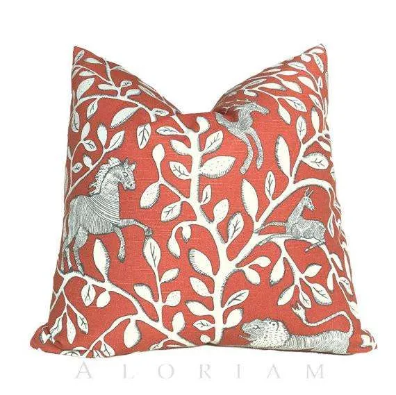 Dwell Studio Pantheon Folk Art Animals Forest Persimmon Orange Ivory Pillow Cover