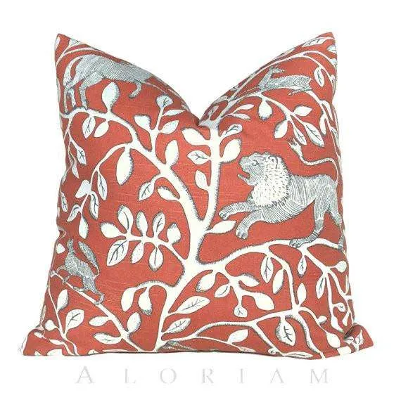 Dwell Studio Pantheon Folk Art Animals Forest Persimmon Orange Ivory Pillow Cover