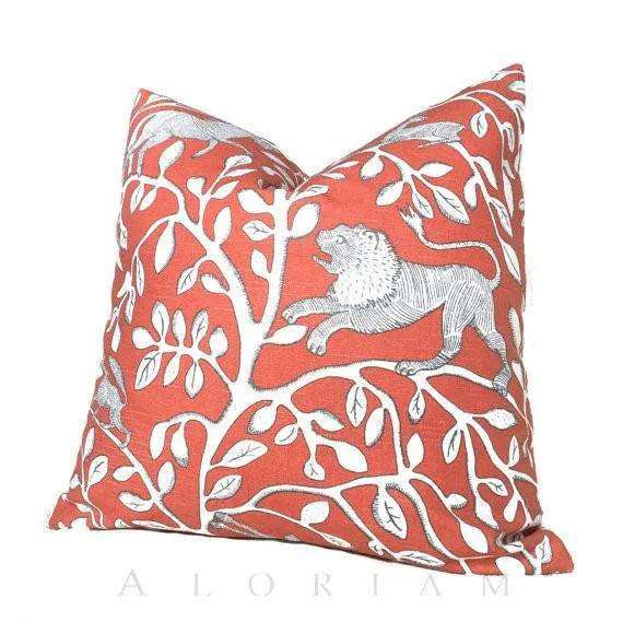 Dwell Studio Pantheon Folk Art Animals Forest Persimmon Orange Ivory Pillow Cover