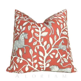 Dwell Studio Pantheon Folk Art Animals Forest Persimmon Orange Ivory Pillow Cover