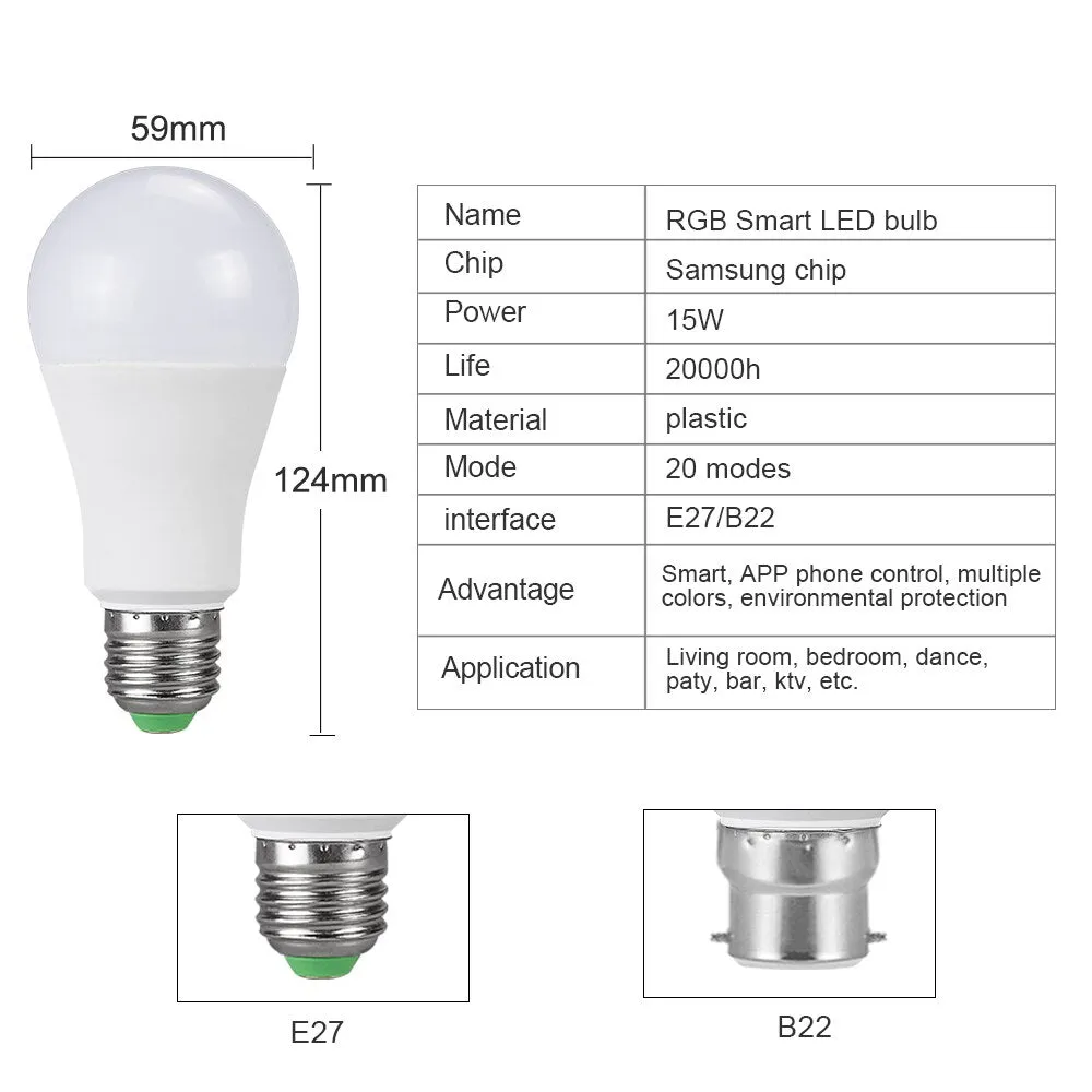 EeeToo RGB Bluetooth Smart LED Bulb E27 15W/20W APP Music Voice Control Smart Lighting Lamp Multiple Colors LED Light for Home