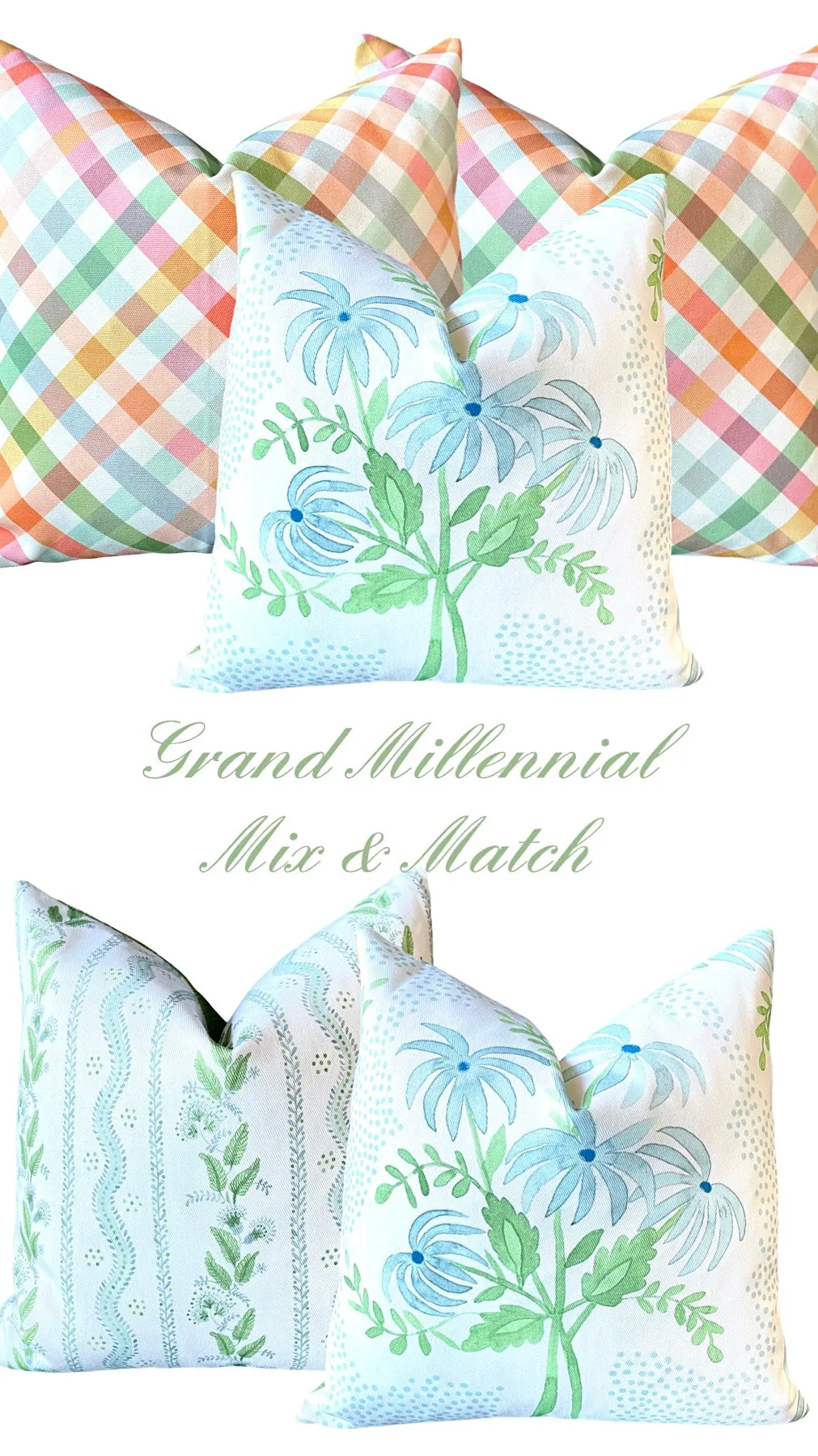 Elise: Floral Bouquet Pillow Cover in Light Blue and Green / Grandmillenial Pillows