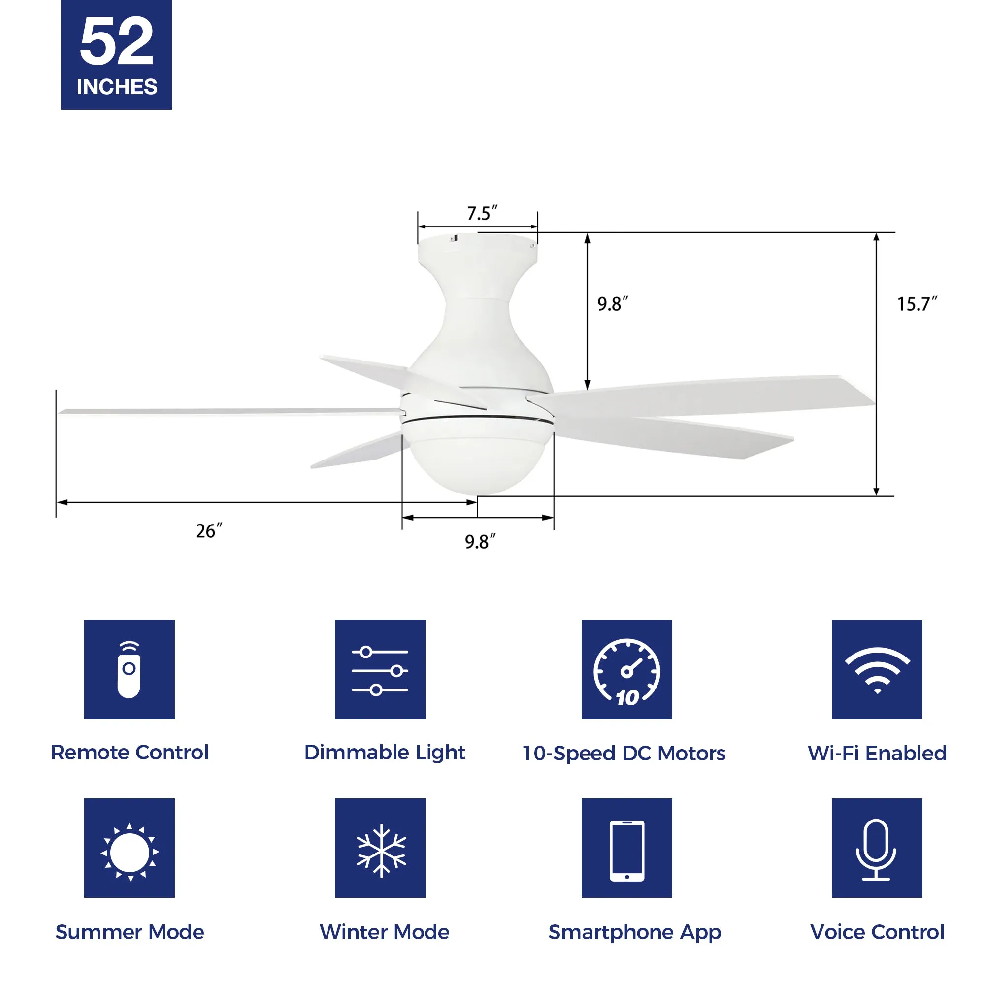 Fannin Flush Mount Smart Ceiling Fan with LED Light and remote 52 inch