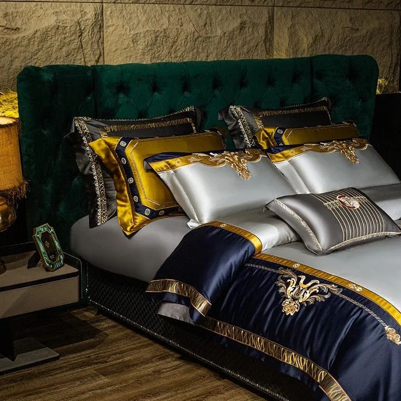 FEEL LIKE A CELEBRITY Sultan's Finest Royal Blue Style Luxury Duvet Set Egyptian Cotton With Golden Embroidery