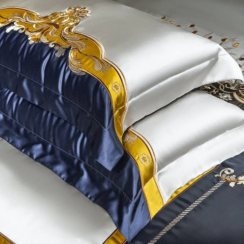 FEEL LIKE A CELEBRITY Sultan's Finest Royal Blue Style Luxury Duvet Set Egyptian Cotton With Golden Embroidery