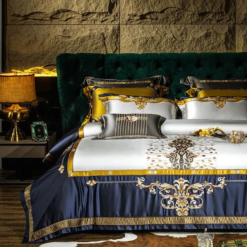 FEEL LIKE A CELEBRITY Sultan's Finest Royal Blue Style Luxury Duvet Set Egyptian Cotton With Golden Embroidery