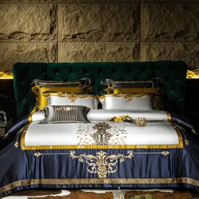 FEEL LIKE A CELEBRITY Sultan's Finest Royal Blue Style Luxury Duvet Set Egyptian Cotton With Golden Embroidery