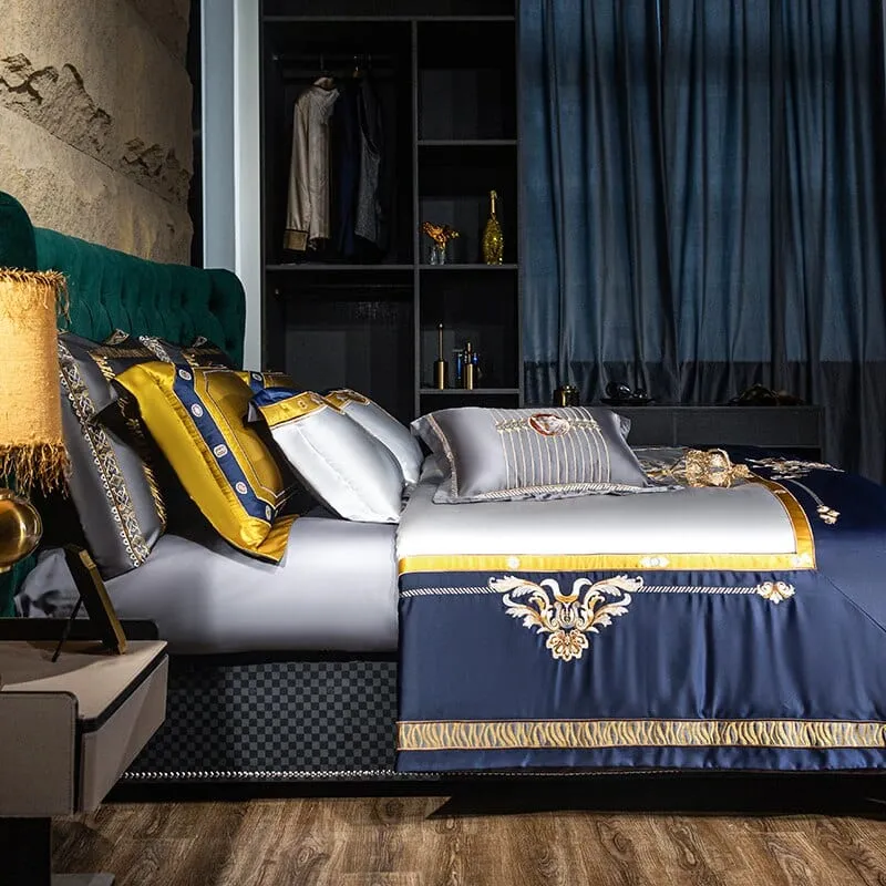 FEEL LIKE A CELEBRITY Sultan's Finest Royal Blue Style Luxury Duvet Set Egyptian Cotton With Golden Embroidery