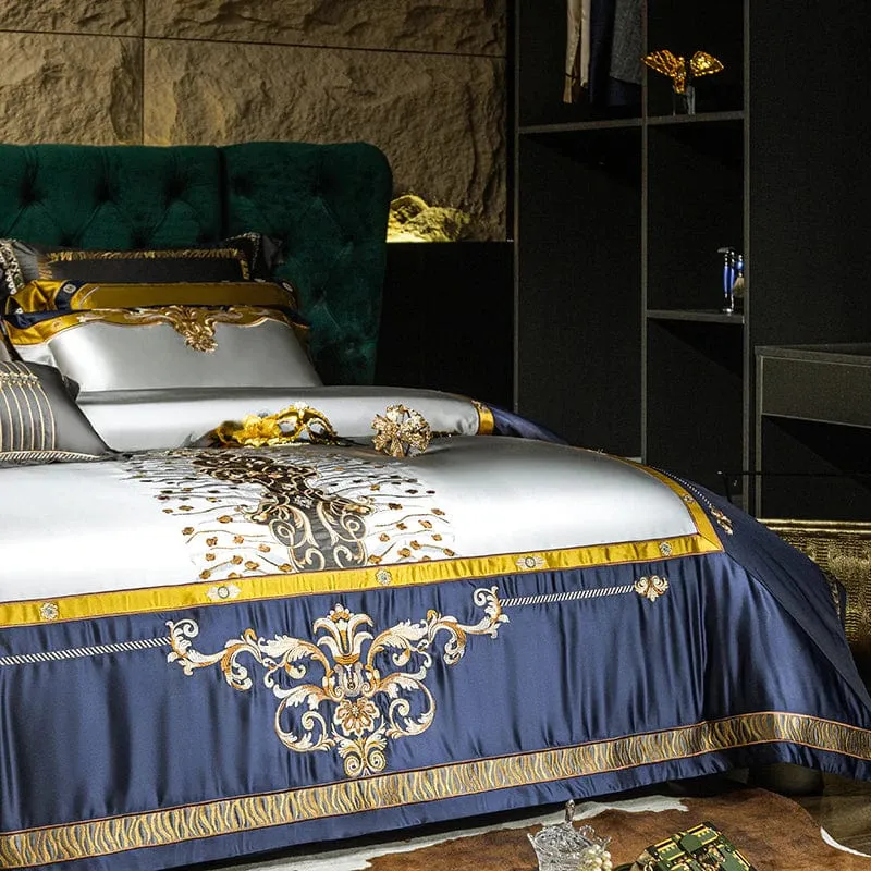 FEEL LIKE A CELEBRITY Sultan's Finest Royal Blue Style Luxury Duvet Set Egyptian Cotton With Golden Embroidery