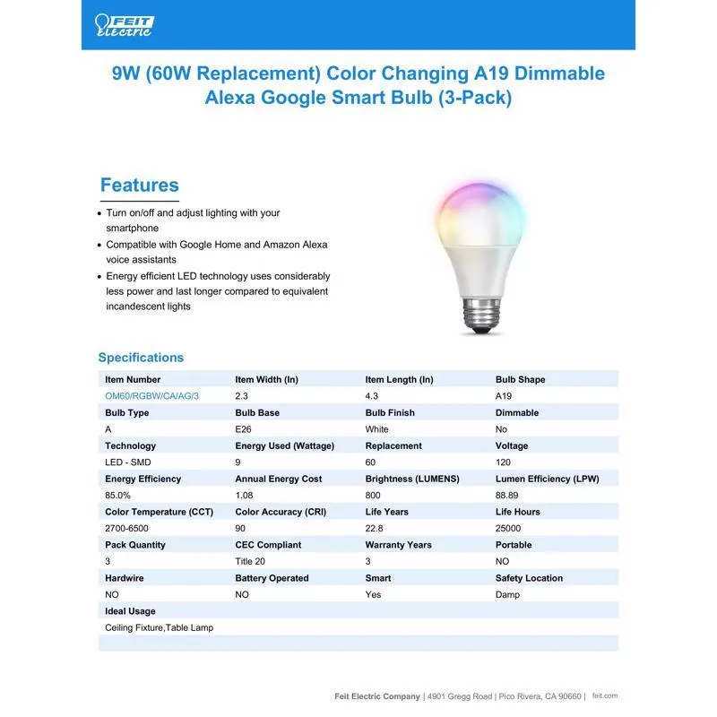 Feit Smart Home A19 E26 (Medium) Smart-Enabled LED Bulb Color Changing 60 Watt Equivalence 3 pk