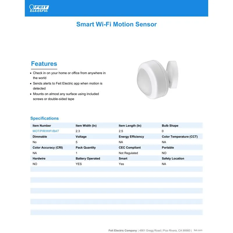 Feit Smart Home Motion-Sensing Battery Powered LED White Smart-Enabled Replacement Motion Sensor