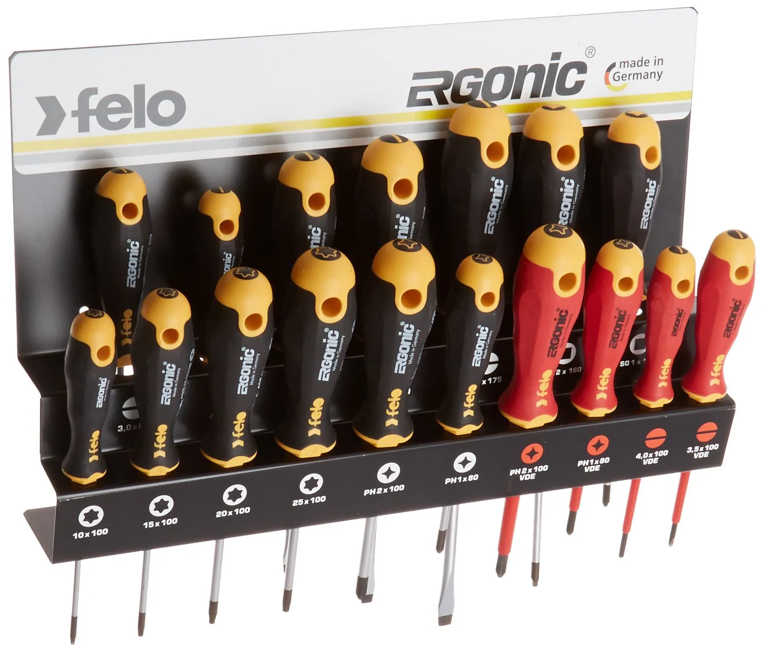 Felo 61391 Ergonic XXL-Rack Screwdriver Set Slot, Phillips, Square, Torx with Steel Rack