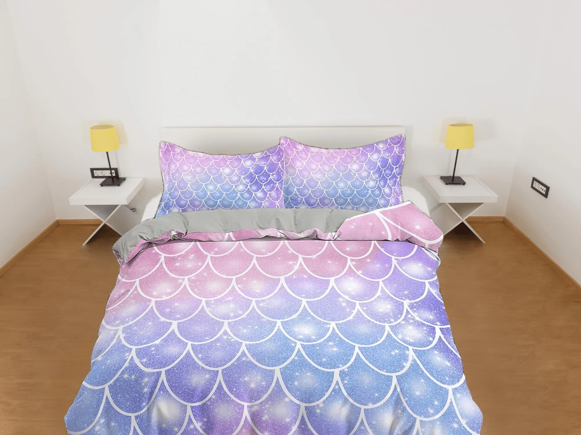 Fish Scales Mermaid Kids Purple Pink Duvet Cover Set, Toddler Bedding, Kids Bedroom, Cute Bedding, Duvet King Queen Full Twin Single