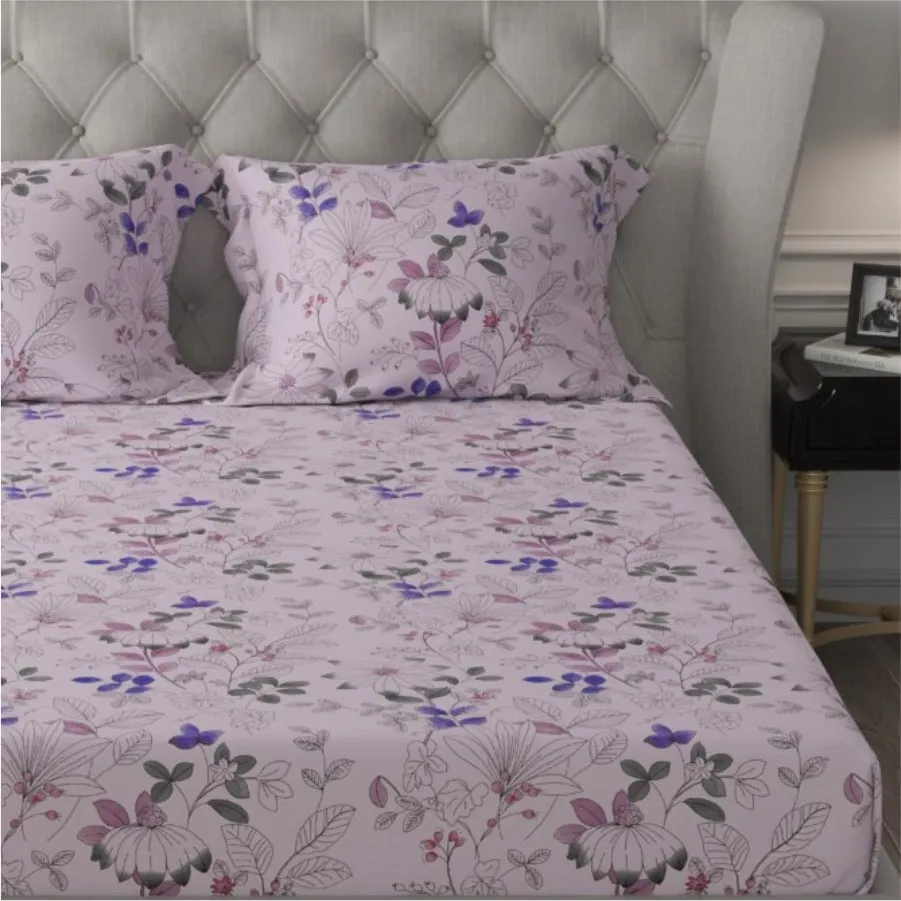 Fitted King Size Cotton Bedsheet - Gardenplant Purple Pink