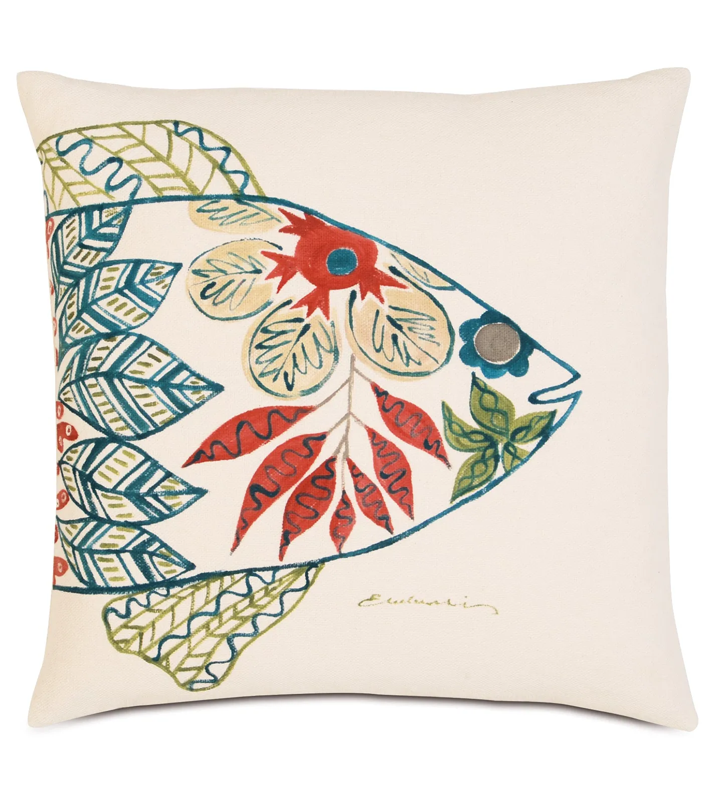 Folkloric Hand-Painted Fish Throw Pillow Cover 20x20