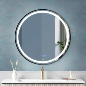 Fuao Premium HD Smart Mirror for Walls with Anti-Fog Function, Time-Temperature Display and Adjustable Brightness 3-Tone LED Lighting| 100% Silver Coating, Anodized Aluminium Frame Round-Black-60CM