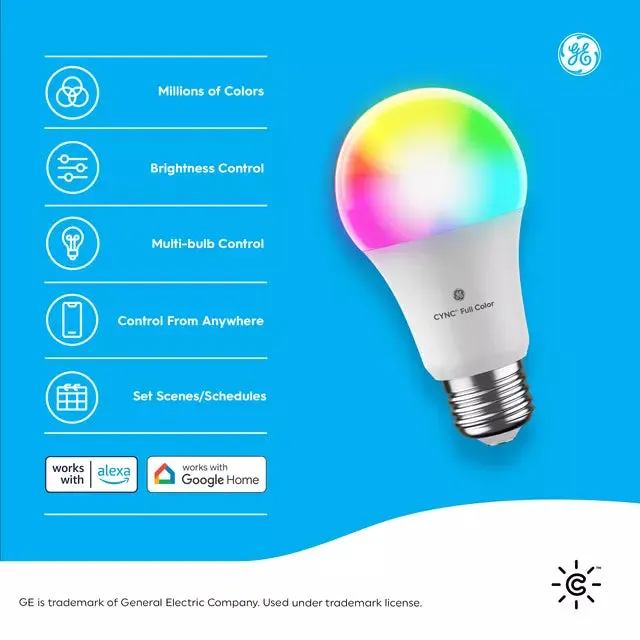 GE Cync A19 Smart LED Light Bulb, Color Changing Smart WiFi Light, Works with Alexa and Google Home Color-Changing