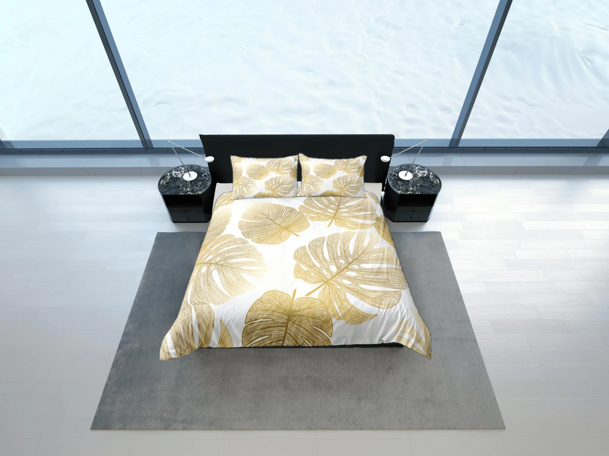 Gold Tropical Duvet Cover Set, Bedspread Dorm Bedding, Summer Bedroom