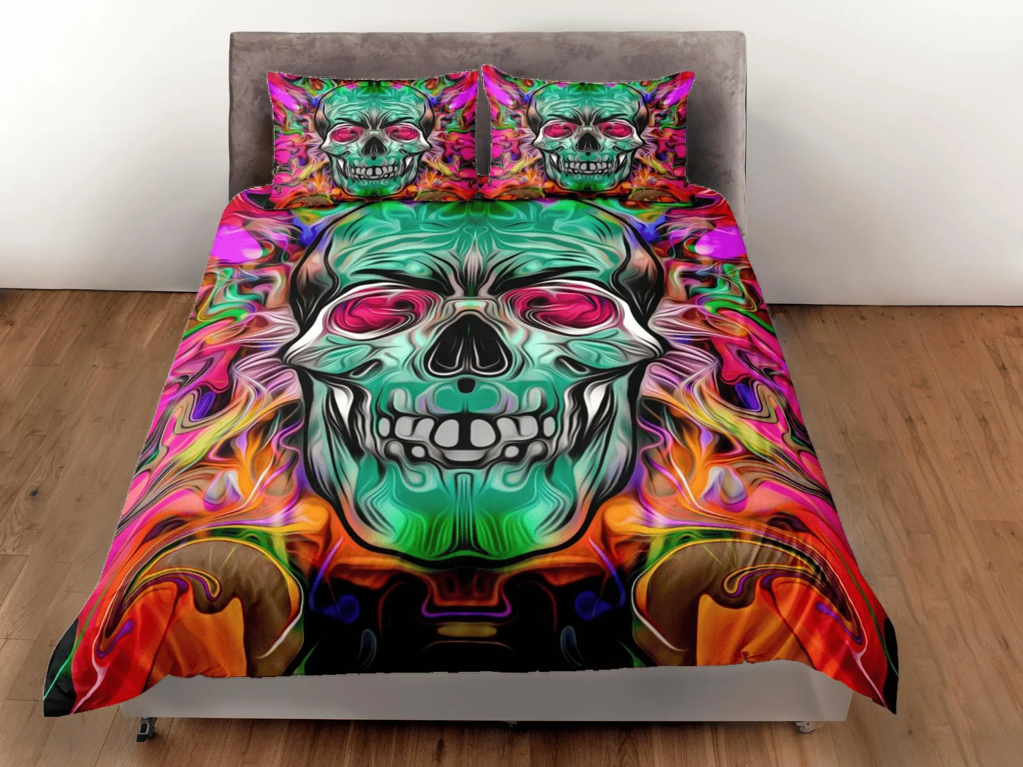 Halloween Bedding Hippie Neon Skull Colorful Duvet Cover Set Colorful Skull Bedspread, Dorm Bedding Pillowcase, Halloween Gift