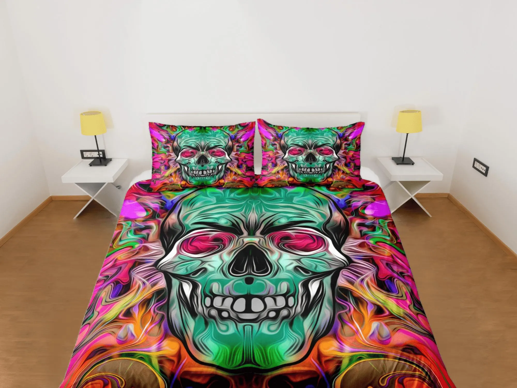 Halloween Bedding Hippie Neon Skull Colorful Duvet Cover Set Colorful Skull Bedspread, Dorm Bedding Pillowcase, Halloween Gift