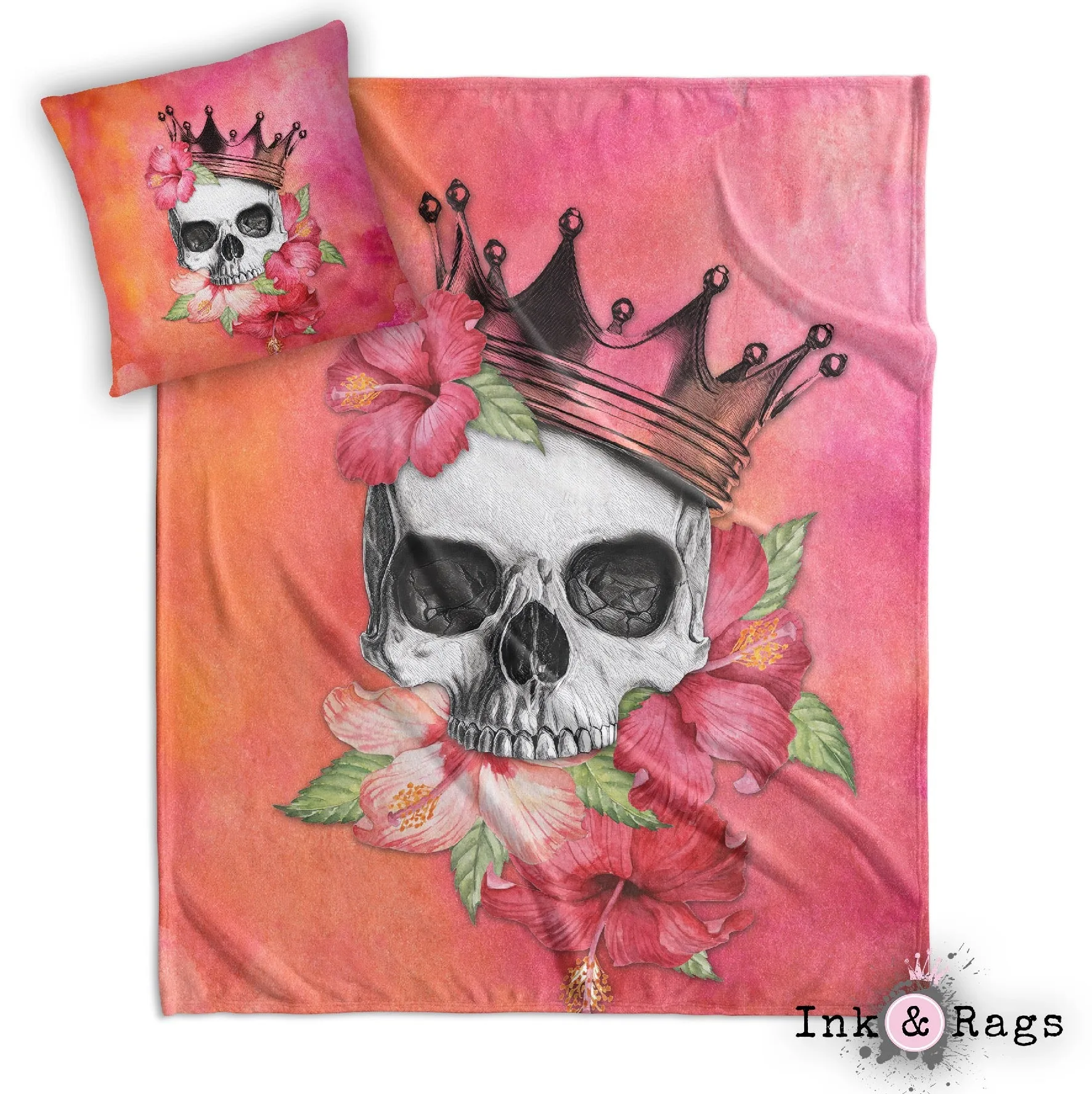 Hibiscus Watercolor Skull Crown Decorative Throw and Pillow Cover Set