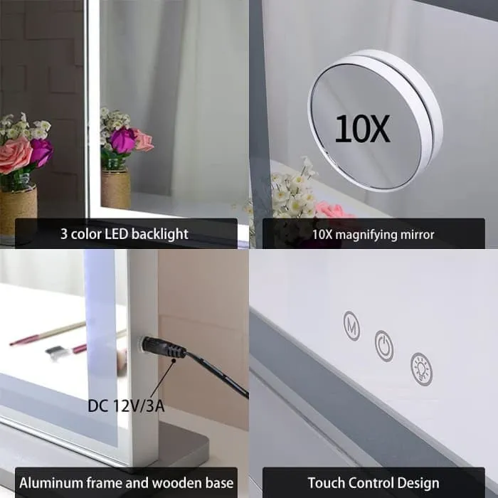 Hollywood Led Makeup Mirror - Smart Touch Control And 3 Colors Dimmable Light (72 x 56 Cm)